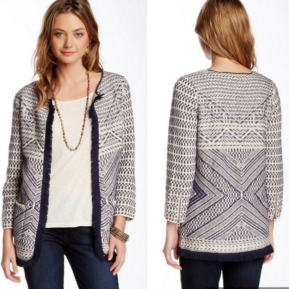 Lucky Brand Sweaters | Lucky Brand Fringe Sweater Coat Medium Aztec Print | Color: Blue/White | Size: M | Trippster2's Closet